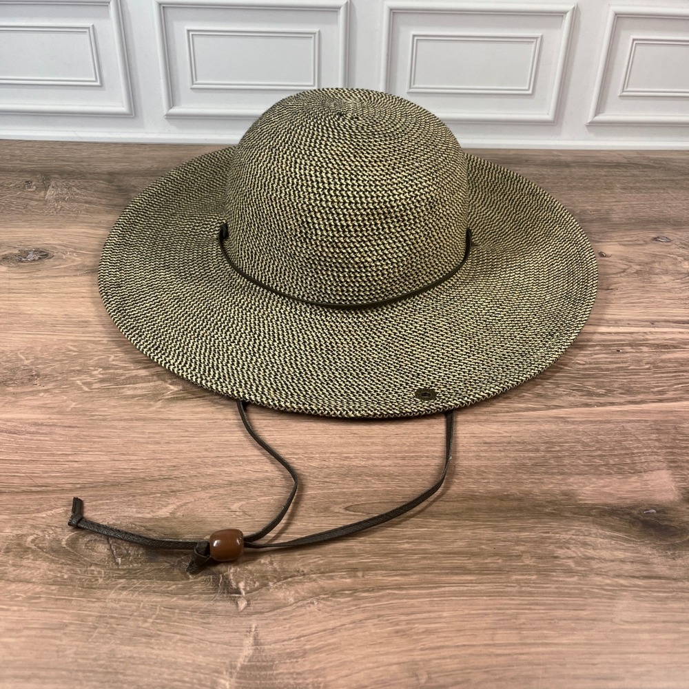 Peter Grimm Sun Hat Black Tan Woven Wide Brim Adjustable Chin Strap Unisex OS